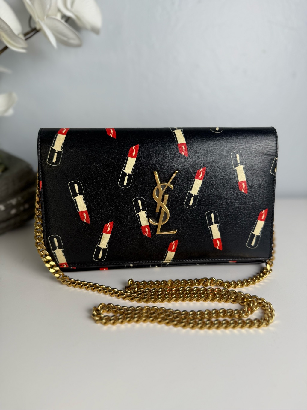 Ysl Saint Laurent Black Leather Lipstick Wallet On Chain